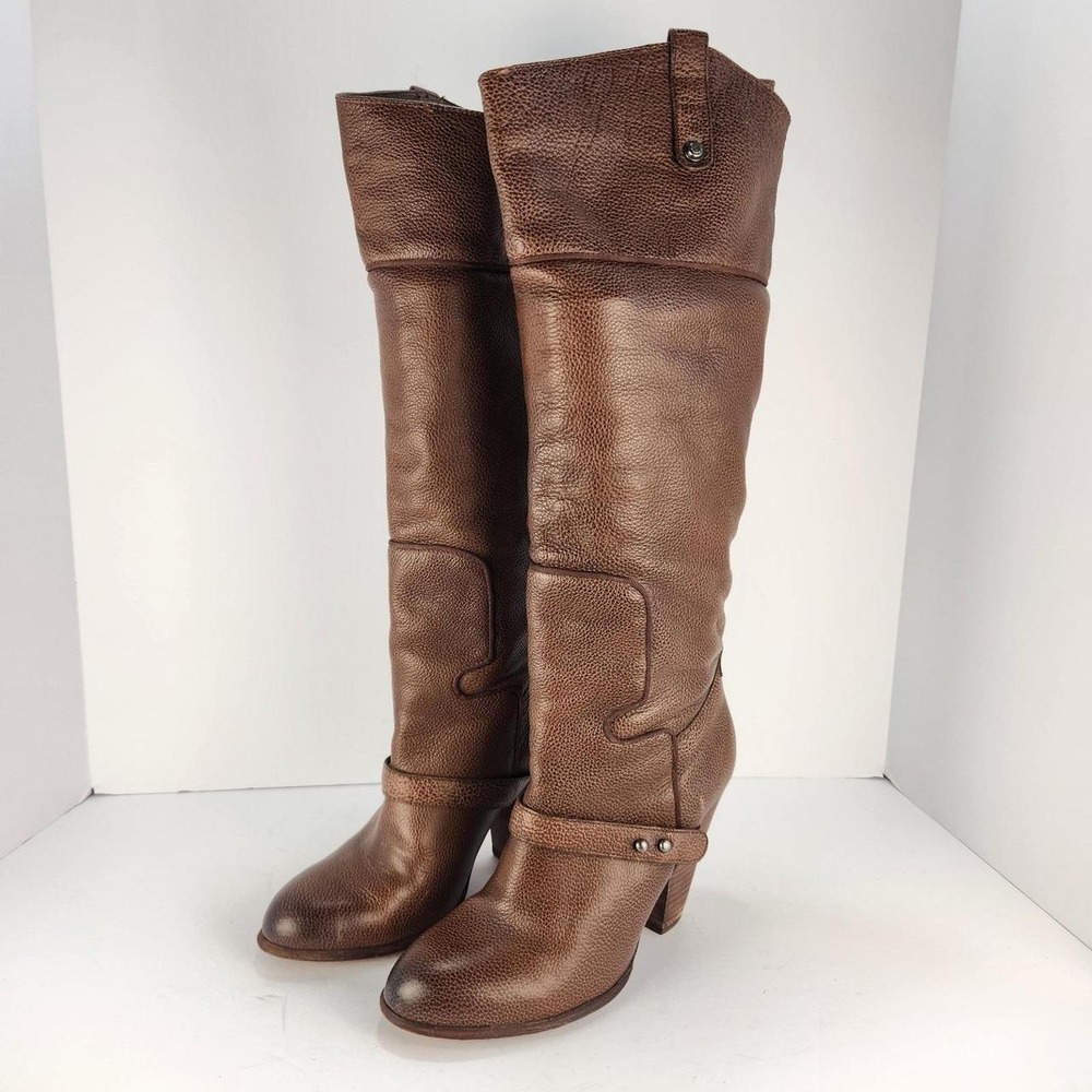 Sam Edelman Women's 7.5M Brown Leather Knee High Boots Western Riding Block Heel